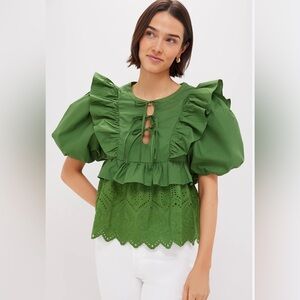 NWT Tuckernuck Hyacinth House Forest Green Ruffle Nadia Blouse